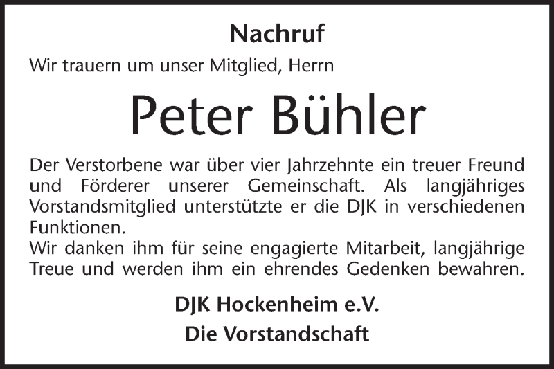  Traueranzeige für Peter Bühler vom 03.02.2018 aus Mannheimer Morgen / Schwetzinger Zeitung