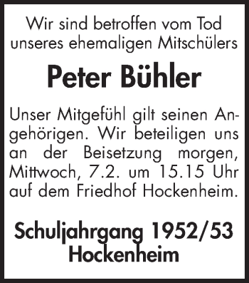 Traueranzeige von Peter Bühler von Mannheimer Morgen / Schwetzinger Zeitung
