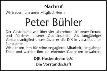 Traueranzeige von Peter Bühler von Mannheimer Morgen / Schwetzinger Zeitung