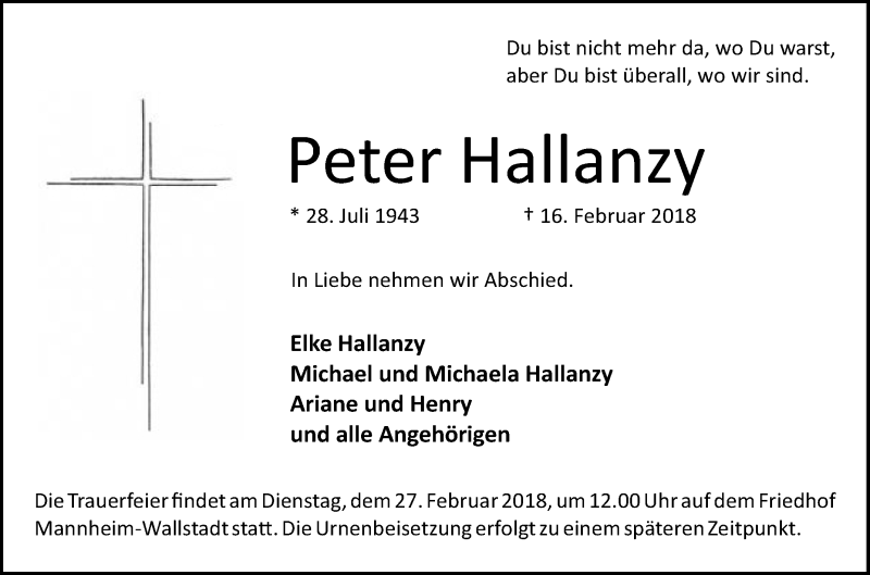  Traueranzeige für Peter Hallanzy vom 22.02.2018 aus Mannheimer Morgen