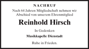 Traueranzeige von Reinhold Hirsch von Fränkische Nachrichten
