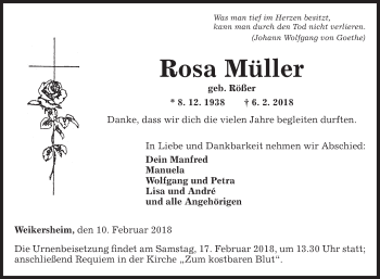 Traueranzeige von Rosa Müller von Fränkische Nachrichten