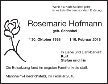 Traueranzeige von Rosemarie Hofmann von Mannheimer Morgen