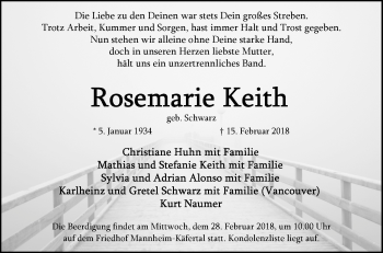 Traueranzeige von Rosemarie Keith von Mannheimer Morgen