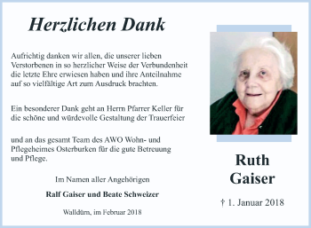 Traueranzeige von Ruth Gaiser von Fränkische Nachrichten