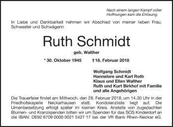 Traueranzeige von Ruth Schmidt von Mannheimer Morgen