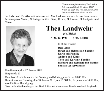 Traueranzeige von Thea Landwehr von Fränkische Nachrichten