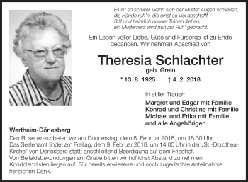Traueranzeige von Theresia Schlachter von Fränkische Nachrichten