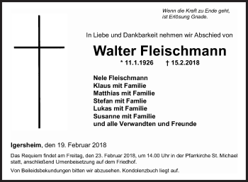 Traueranzeige von Walter Fleischmann von Fränkische Nachrichten
