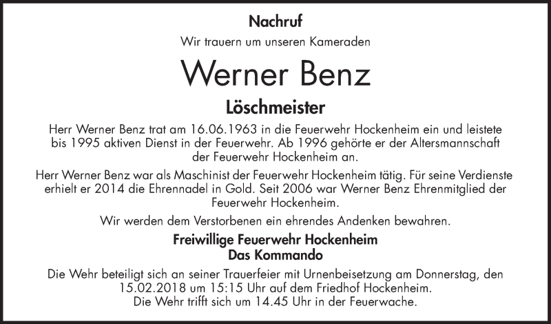  Traueranzeige für Werner Benz vom 13.02.2018 aus Schwetzinger Zeitung