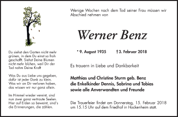 Traueranzeige von Werner Benz von Schwetzinger Zeitung
