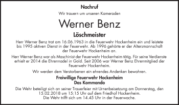 Traueranzeige von Werner Benz von Schwetzinger Zeitung