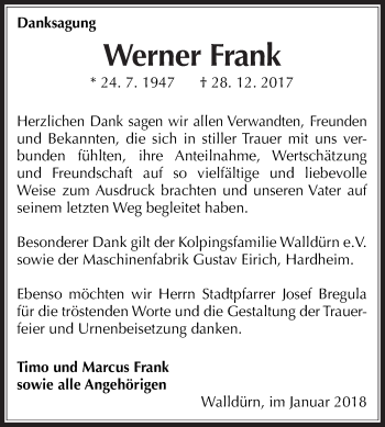 Traueranzeige von Werner Frank von Fränkische Nachrichten