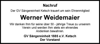 Traueranzeige von Werner Weidemaier von Schwetzinger Zeitung