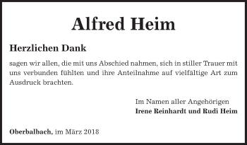 Traueranzeige von Alfred Heim von Fränkische Nachrichten