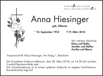 Traueranzeige von Anna Hiesinger von Bergsträßer Anzeiger