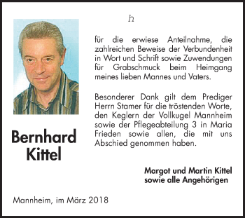 Traueranzeige von Bernhard Kittel von Mannheimer Morgen