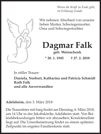 Traueranzeige von Dagmar Falk von Fränkische Nachrichten