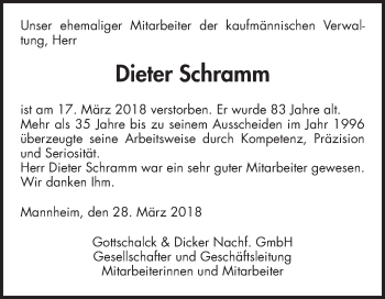 Traueranzeige von Dieter Schramm von Mannheimer Morgen