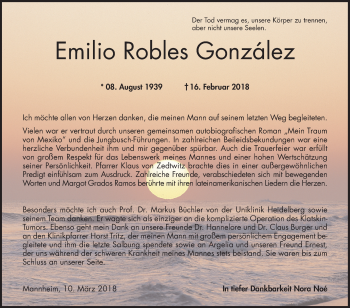 Traueranzeige von Emilio Robles Gonzales von Mannheimer Morgen