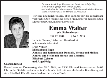 Traueranzeige von Emma Walter von Fränkische Nachrichten