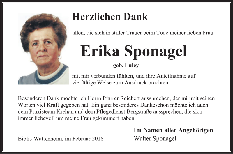  Traueranzeige für Erika Sponagel vom 10.03.2018 aus Mannheimer Morgen