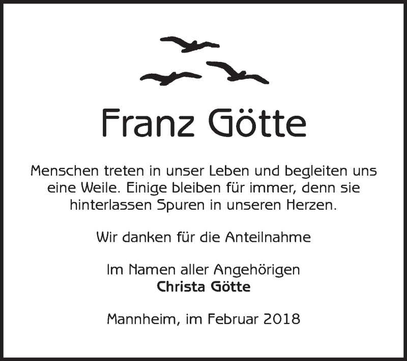  Traueranzeige für Franz Götte vom 24.02.2018 aus Mannheimer Morgen