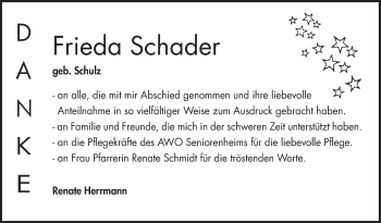 Traueranzeige von Frieda Schader von Bergsträßer Anzeiger