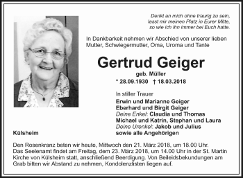 Traueranzeige von Gertrud Geiger von Fränkische Nachrichten