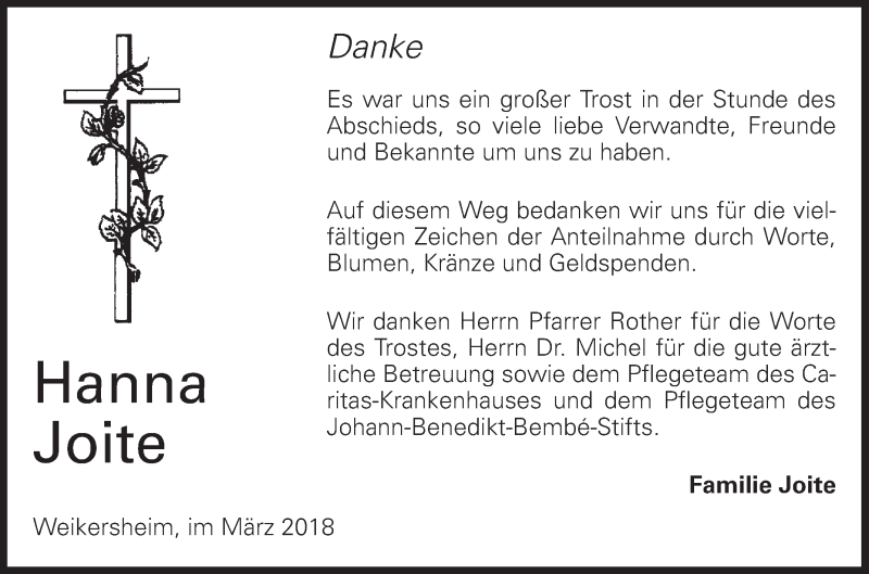  Traueranzeige für Hanna Joite vom 17.03.2018 aus Fränkische Nachrichten