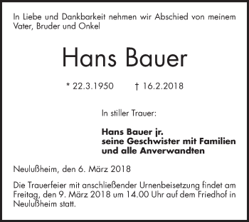 Traueranzeige von Hans Bauer von Schwetzinger Zeitung