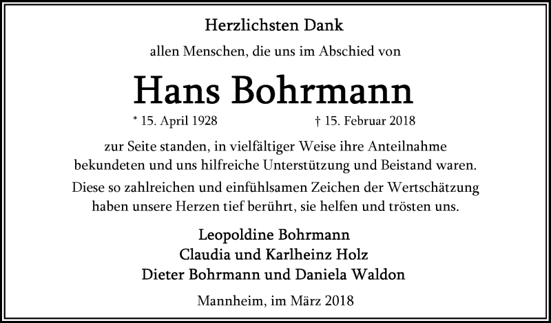  Traueranzeige für Hans Bohrmann vom 10.03.2018 aus Mannheimer Morgen