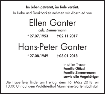 Traueranzeige von Hans-Peter Ganter von Mannheimer Morgen