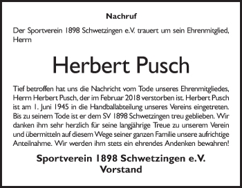 Traueranzeige von Herbert Pusch von Schwetzinger Zeitung