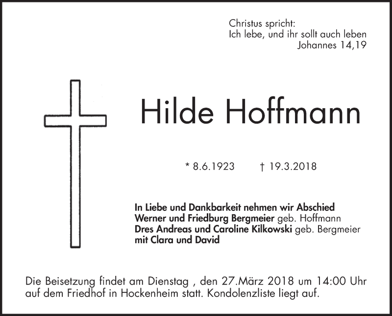  Traueranzeige für Hilde Hoffmann vom 22.03.2018 aus Schwetzinger Zeitung
