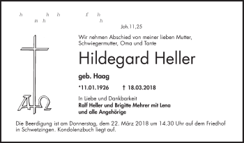 Traueranzeige von Hildegard Heller von Schwetzinger Zeitung