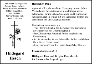 Traueranzeige von Hildegard Hesch von Fränkische Nachrichten