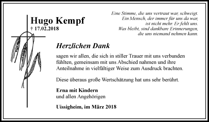  Traueranzeige für Hugo Kempf vom 10.03.2018 aus Fränkische Nachrichten