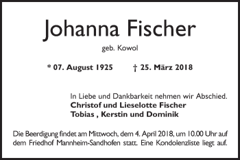 Traueranzeige von Johanna Fischer von Mannheimer Morgen