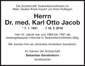 Traueranzeige von Karl Otto Jacob von Fränkische Nachrichten