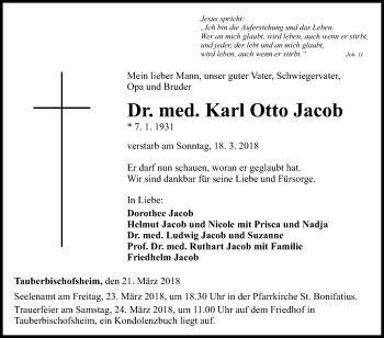 Traueranzeige von Karl Otto Jacob von Fränkische Nachrichten