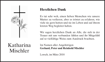 Traueranzeige von Katharina Mischler von Bergsträßer Anzeiger