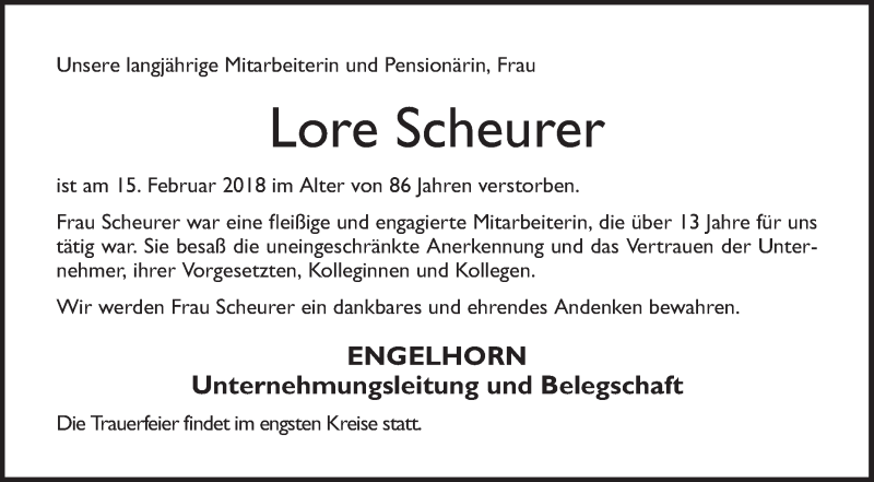  Traueranzeige für Lore Scheurer vom 10.03.2018 aus Mannheimer Morgen