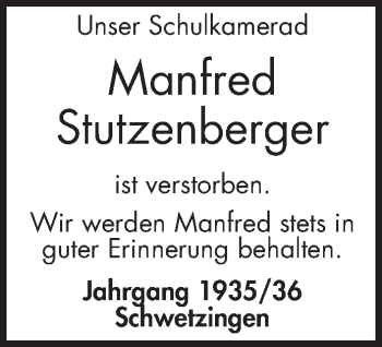 Traueranzeige von Manfred Stutzenberger von Schwetzinger Zeitung