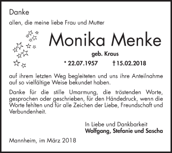 Traueranzeige von Monika Menke von Mannheimer Morgen
