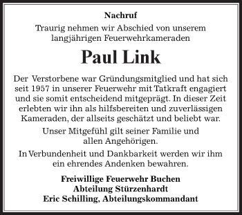 Traueranzeige von Paul Link von Fränkische Nachrichten