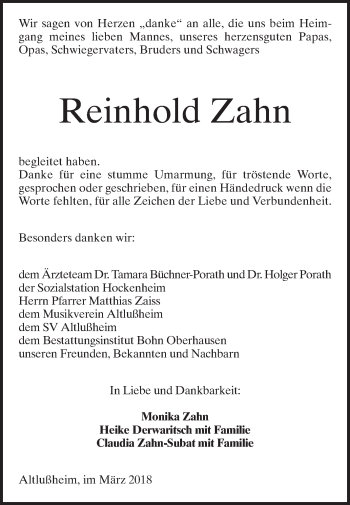 Traueranzeige von Reinhold Zahn von Schwetzinger Zeitung