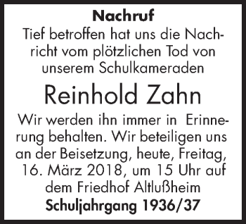 Traueranzeige von Reinhold Zahn von Schwetzinger Zeitung
