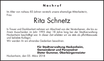 Traueranzeige von Rita Schnez von Schwetzinger Zeitung