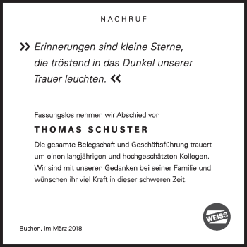 Traueranzeige von Thomas Schuster von Fränkische Nachrichten